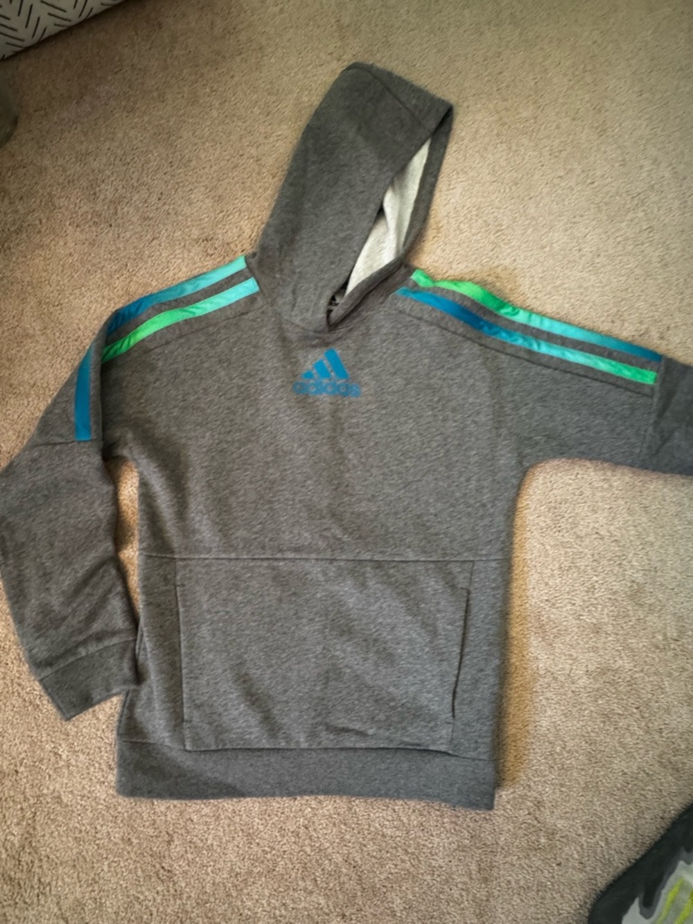 adidas Gray Hoodie with Teal and Green Shoulder Stripes
